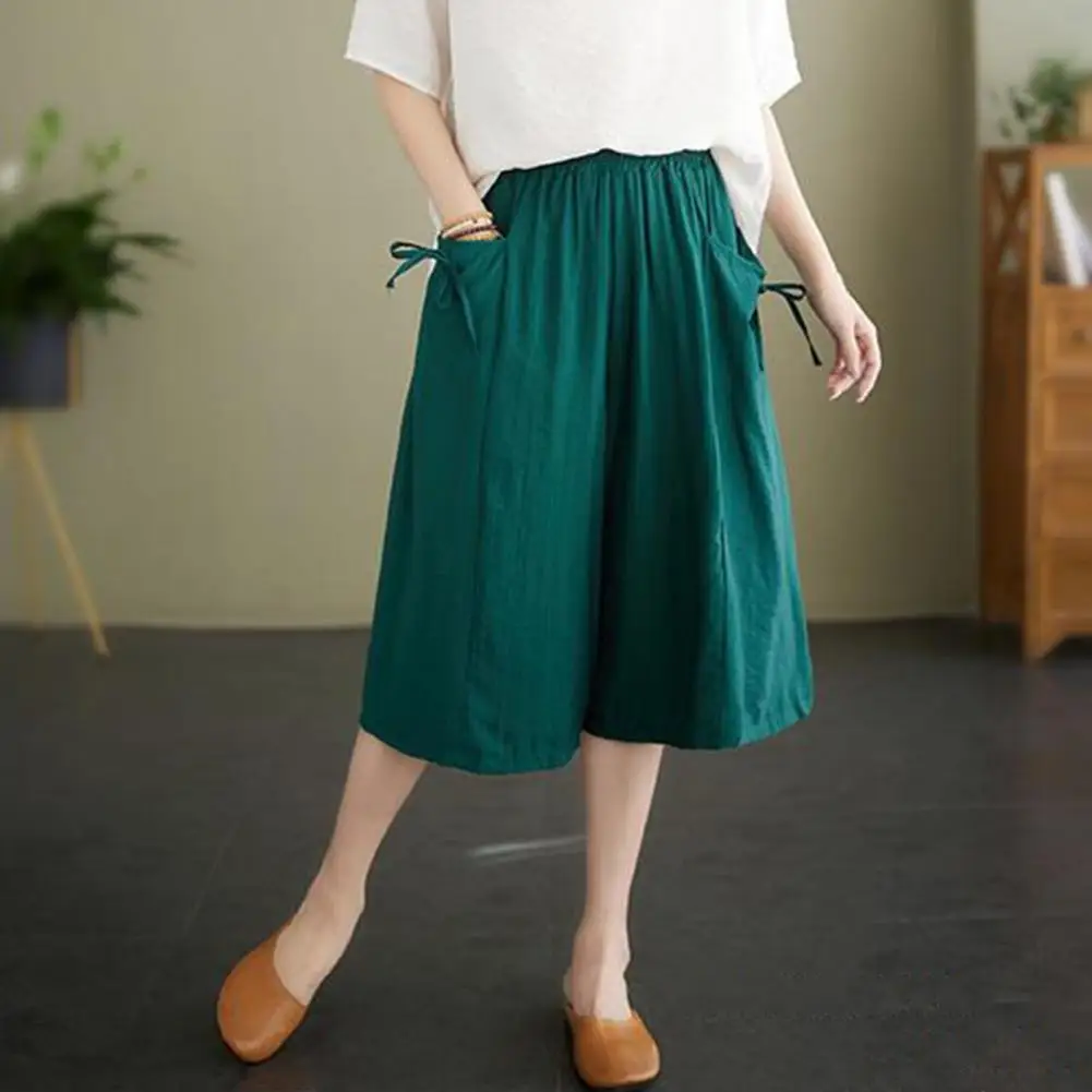 

Commuting Style Cropped Trousers Stylish Women's Wide Leg Cropped Pants with Elastic Waist Pockets Casual Loose Fit for Summer