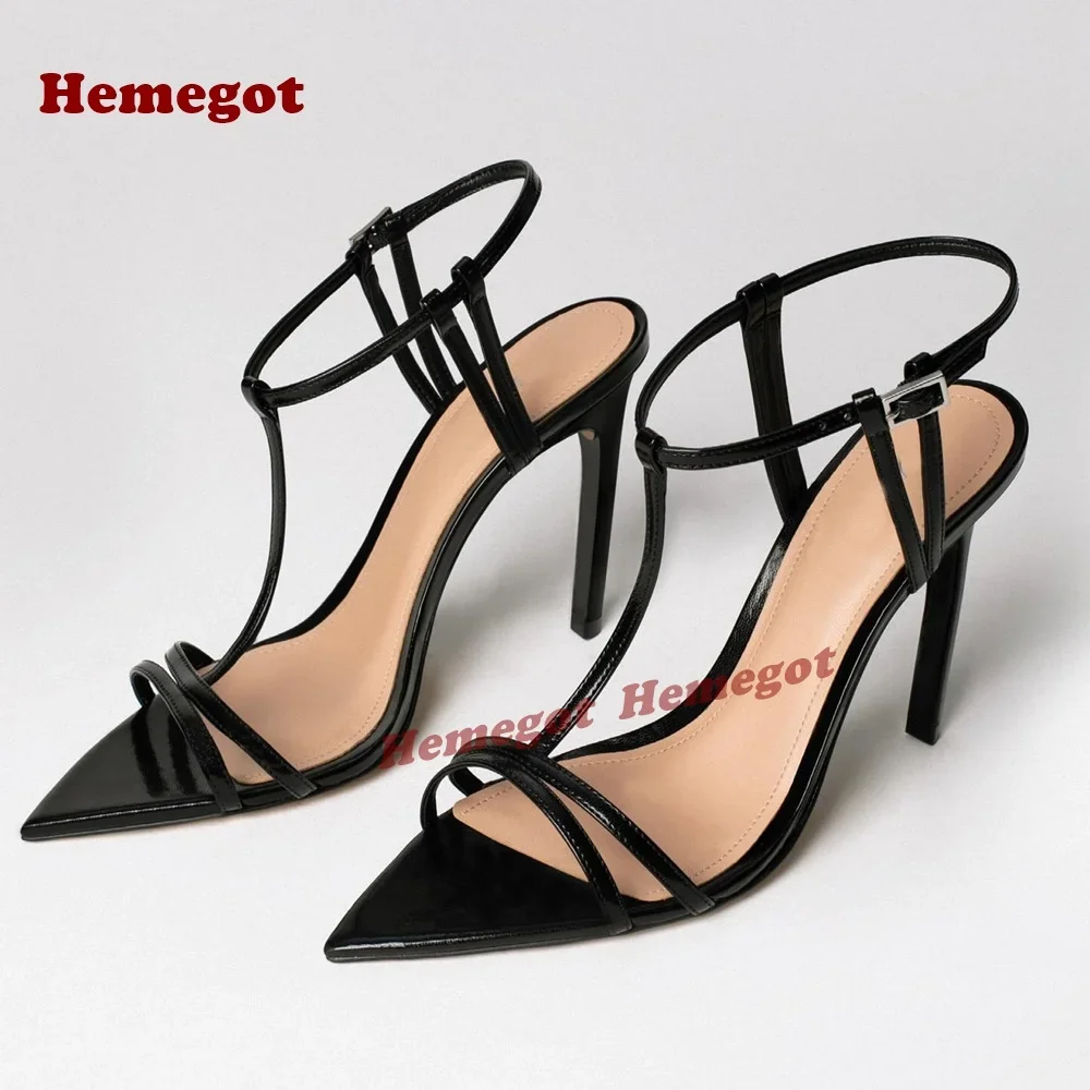 

Black Cut Out Slingback Sandals Pointy Toe Stiletto Buckled Women's Sandals 2025 New Glossy T-Strap Casual Shoes Luxury Summer