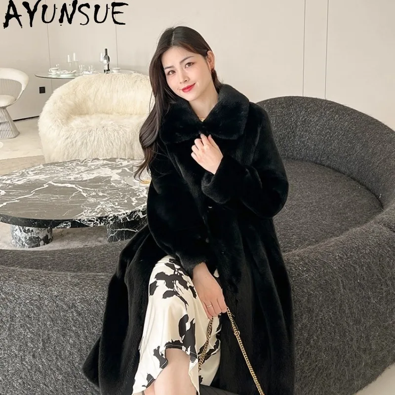 AYUNSUE نوعية جيدة معطف فرو المنك امرأة 2025 السيدات الشتاء معاطف وسترات طويلة فاخرة موضة ملابس امرأة Dames Winterjas #5