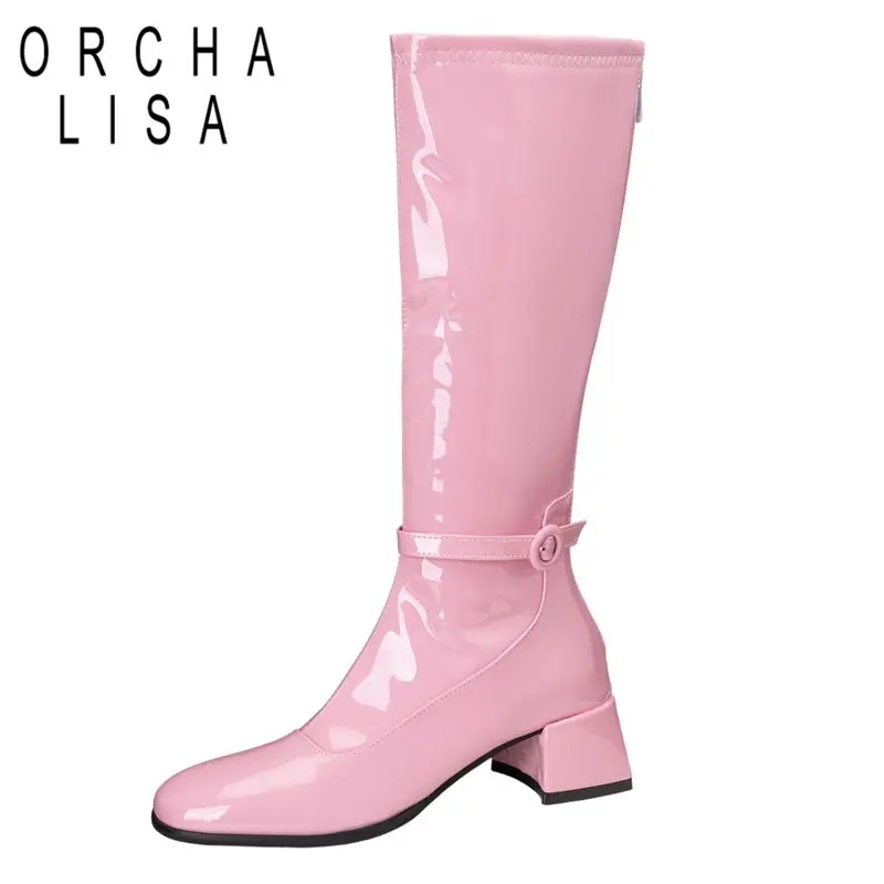 

ORCHA LISA 2025 Роскошные блестящие женские сапоги до середины икры с круглым носком на массивном каблуке 4,5 см, пряжка на молнии, большой размер 44 45 46 Daily Bota