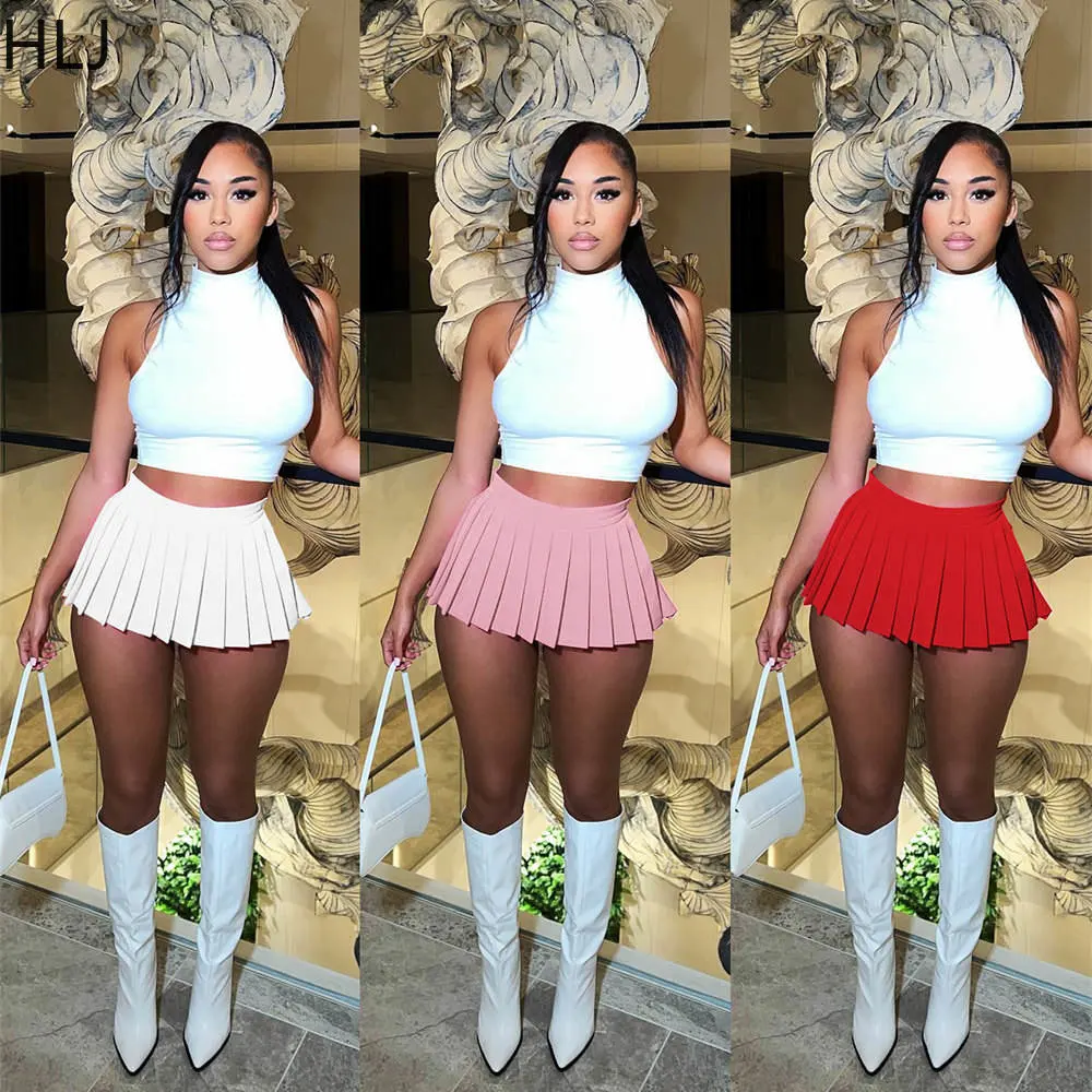 HLJ Fashion Summer Streetwear Women Sleeveless Crop Top And Pleated Skirts Two Piece Sets Casual Solid Color 2pcs Outfits 2023