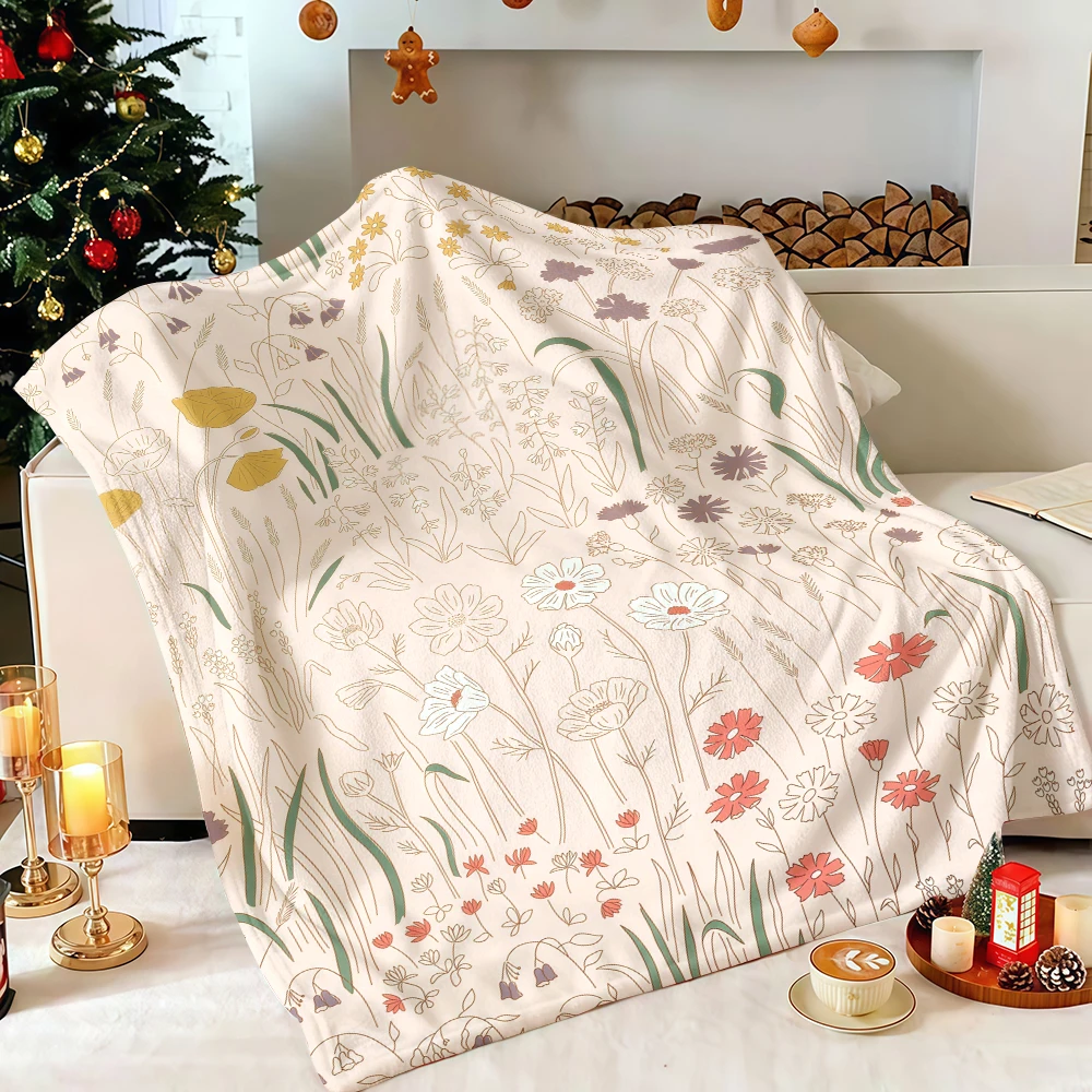 Blush Warm Wildflower Meadow Line Art Flannel Blanket Soft Fuzzy Plush Cozy Warm Throw for Sofa Bed Couch Home Decor