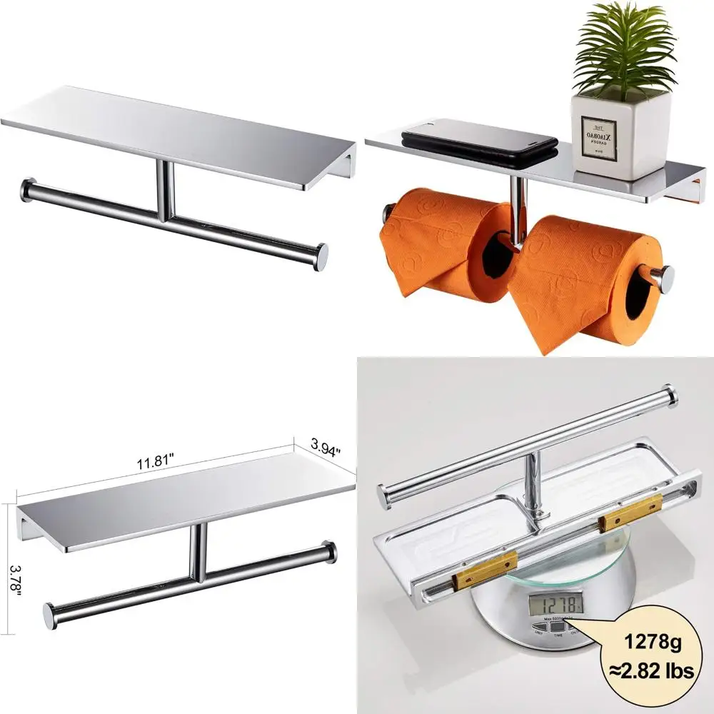 

Solid Brass Double Roll Toilet Paper Holder with Shelf, Hotel Style Tissue Dispenser, Polished Chrome, Space-saving Design