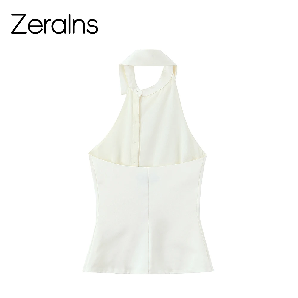 ZERAINS 2026 Spring/Summer New Product Women's Open Back Flip Top with Silk Texture Hanging Neck and Strap Top