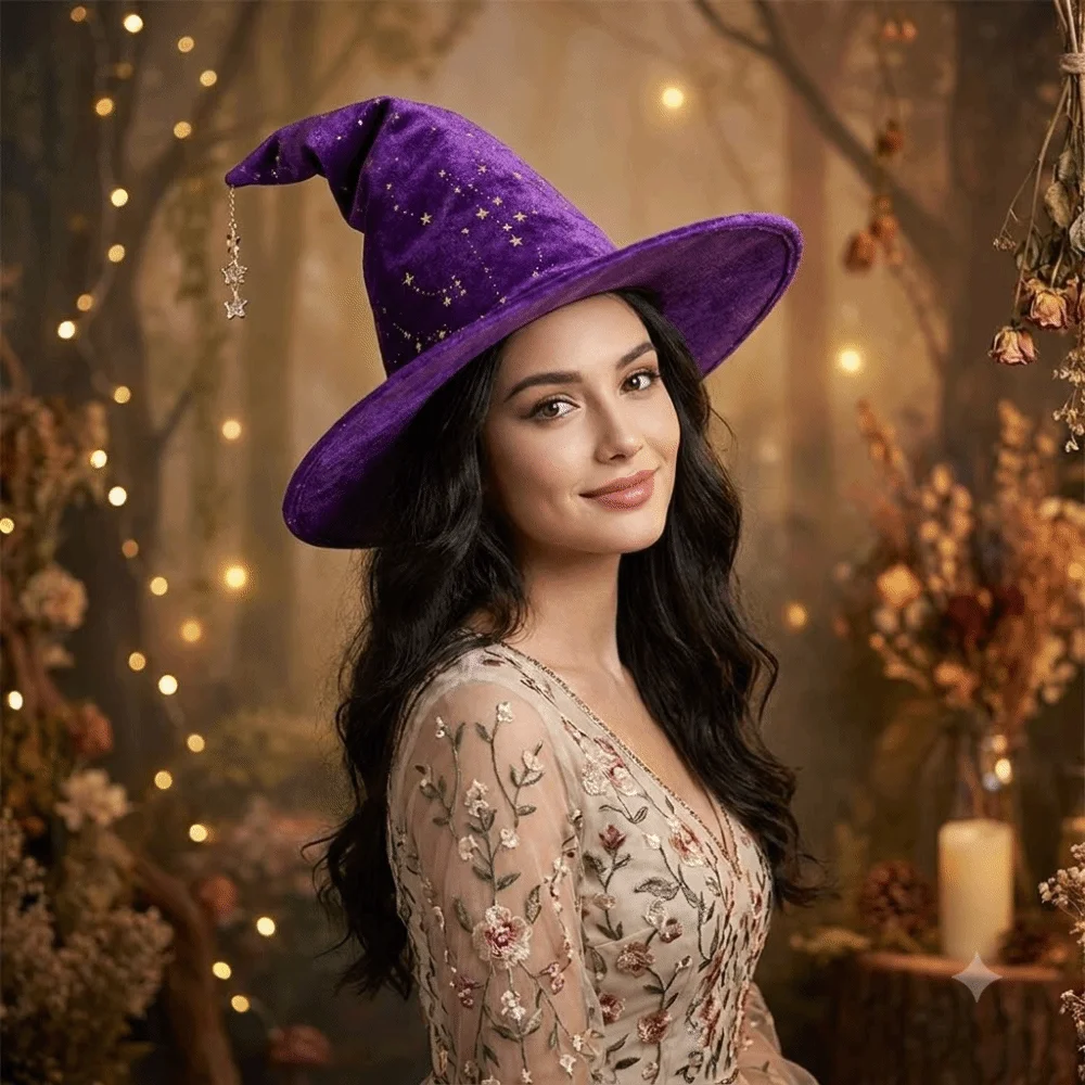 Ins Style Witch Hat Star Bow Decorations Comfortable Fit Star Bow Witch Hat Lightweight Soft Fabric Deformation Resistant