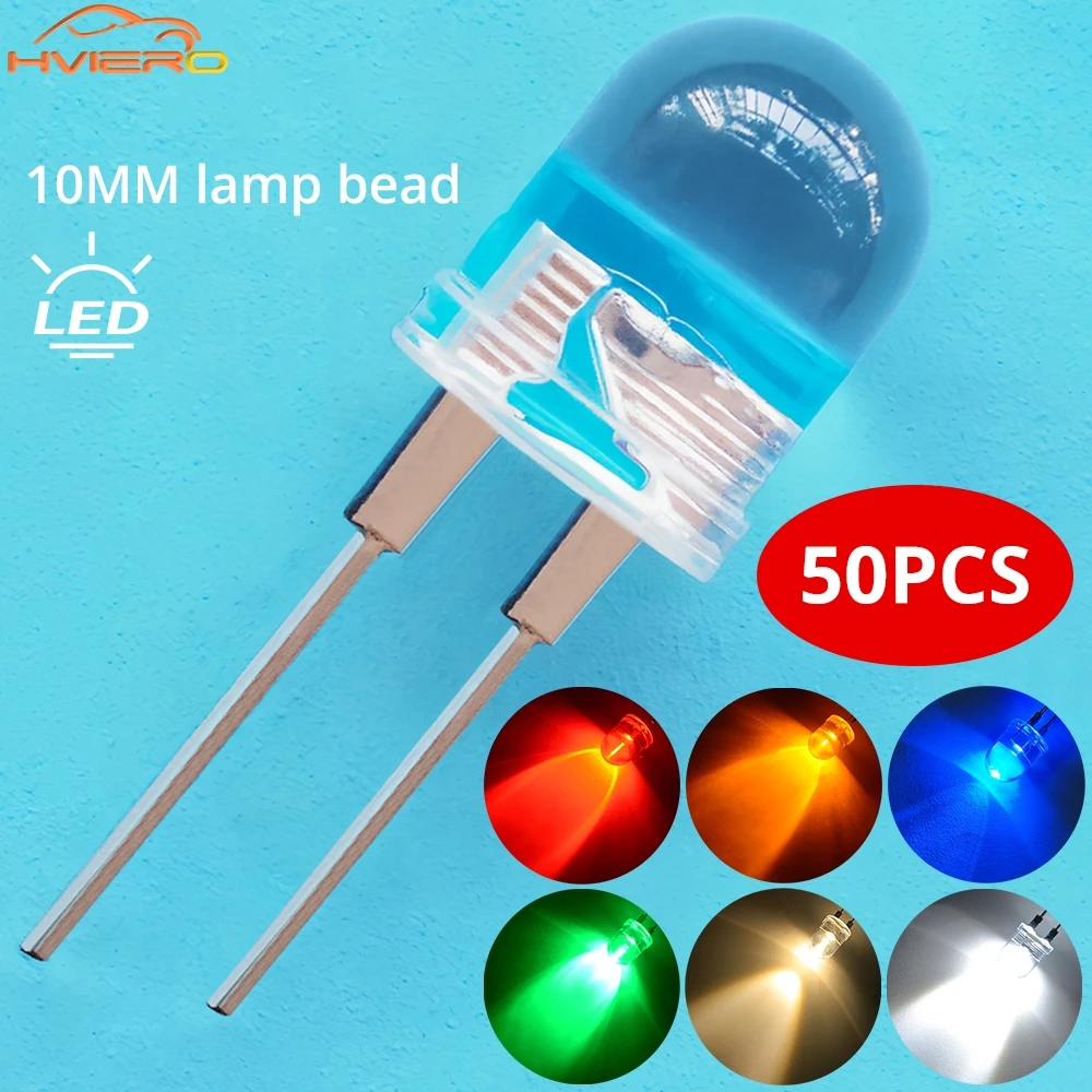 50pcs 10mm White Red Green Blue Yellow Diode Led Round 0.5W Power Light 3.2~3.6V LED Lamp Bead Light-emitting Diodes 30KMCD Bulb