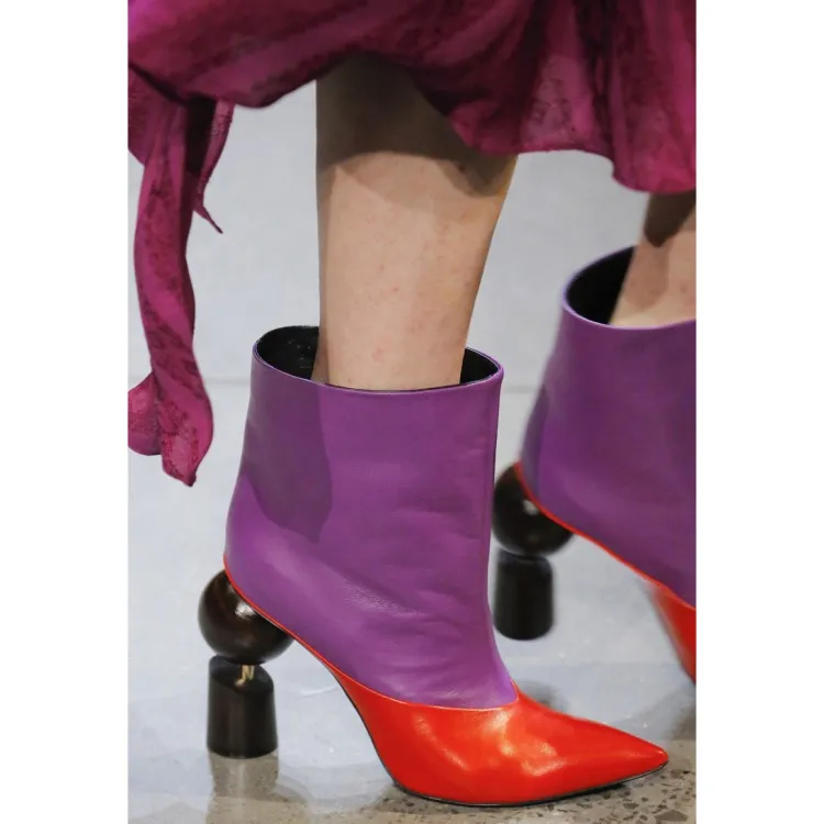 

Winter Runway Show Pointed Toe Sheepskin Ball Cylinder Combination Strange Heel Modern Boots Slip-On Mixed Color Womens Shoes