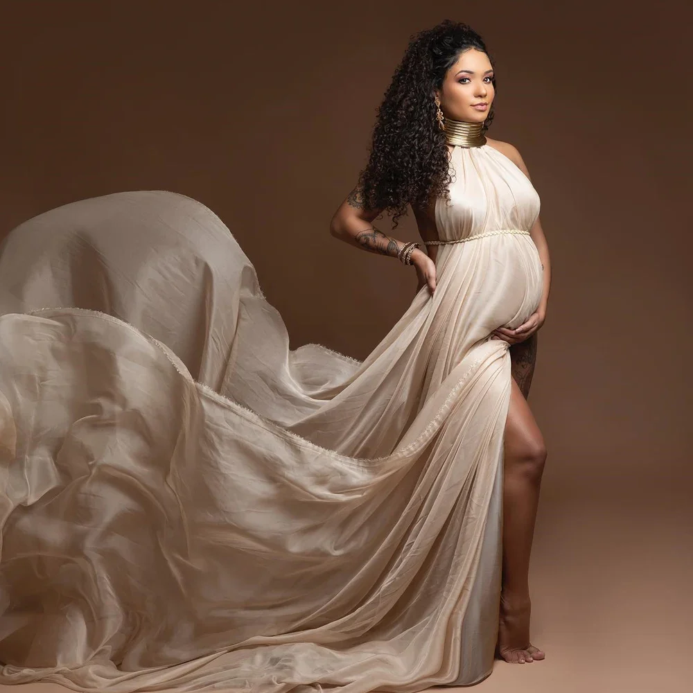 White Maternity Long Dresses Photography Posing Props Sexy Elegant Gold Color Leather African Shoot Studio Dress