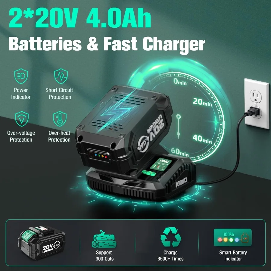 Mini motosierra inalámbrica de 8 pulgadas con 2 baterías de 4,0 Ah y cargador rápido Cadena eléctrica de mano de corte de alta potencia de 34 pies/s