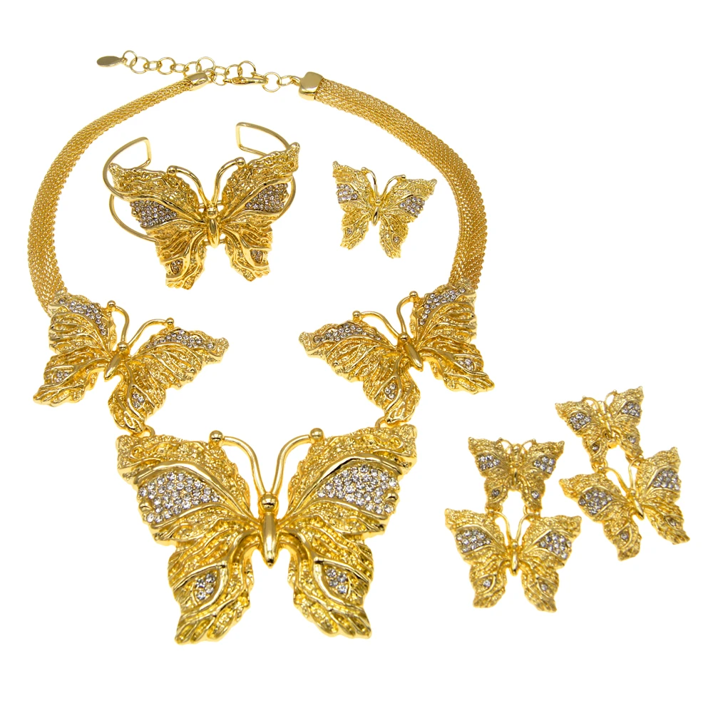 Dubai Gold Plated Woman Necklace Jewelry Set Big Butterfly Pendant Stone Wings Classic Style Fashion Atmosphere Daily Wear Gift