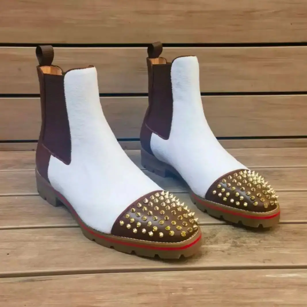 

White Flannel Patchwork Brown Leather Short Boots For Men Gold Rivets Decorate Round Toe Botas Female Red Sewing Sole Low Heels