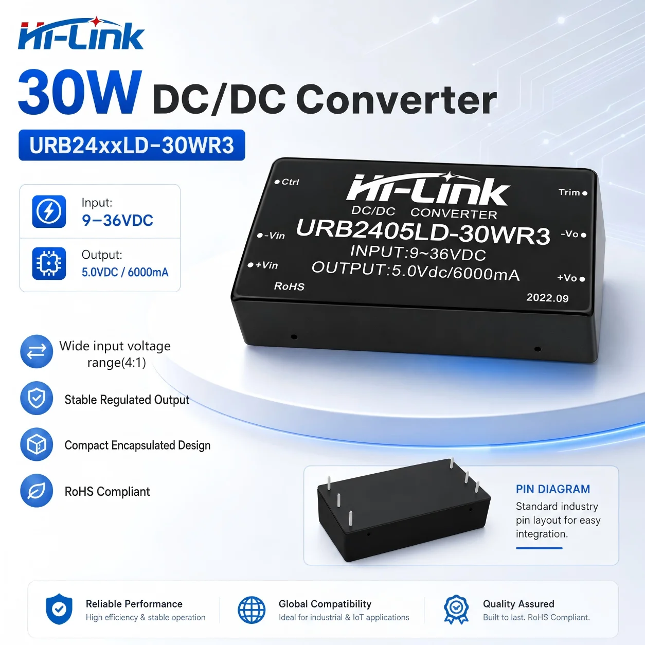 Hi-Link Single Fixed Output Transfer Unit URB24xxLD 30WR3 30W 4 1 Extended Input DIP Electrical Barrier 24V Voltage Conversion
