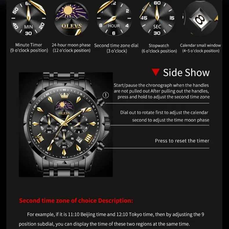 OLEVS 3653 Moon Phase Men Watch Luxury Brand Quartz Watch Fashion Original Waterproof Luminous 24-hour Automatic Date Men Watch