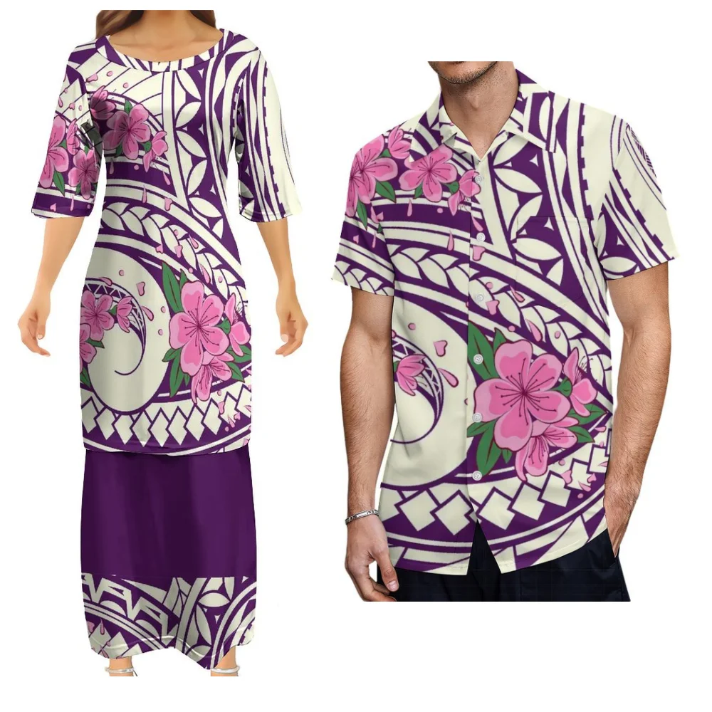 Fiji Traditional Pacific Island-Style Couple Outfit Women'S Puletasi Dress Men'S Shirt With Tapa Pattern Large Size Clothing