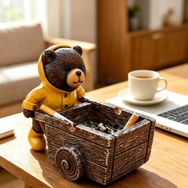 Creative Bear Cart Ashtray - Cute Resin Animal Decor with Wheels, Novelty Car Trinket Dish for Home Office, Kawaii Desk Art Gift