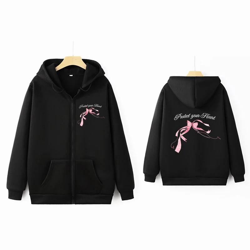 Cartoon Cute Bow Print Hoodie Fairy Grunge Graphic Women Zip up Sweatshirt Vintage Harajuku Y2k Aesthetic Girl Coat Tops Gothic