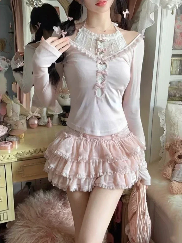 Sweet Kawaii 3 Piece Set Autumn Y2k V Neck Thin Tops + Sexy Slim Lace Vest + Cute High Wasit Mini Cake Skirt New Women Outfits