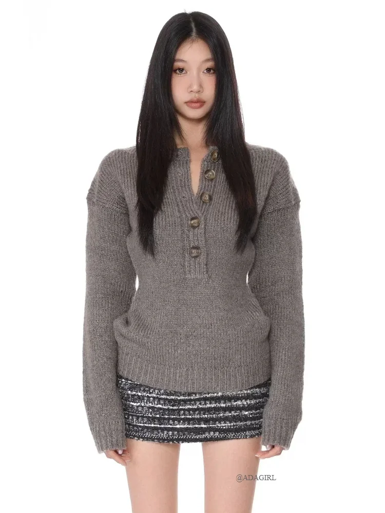 ADAgirl Gray Ribbed Knitted Sweater for Women Retro Long Sleeved Half Open Collar Pullover Casual Loose Autumn Winter Clothes