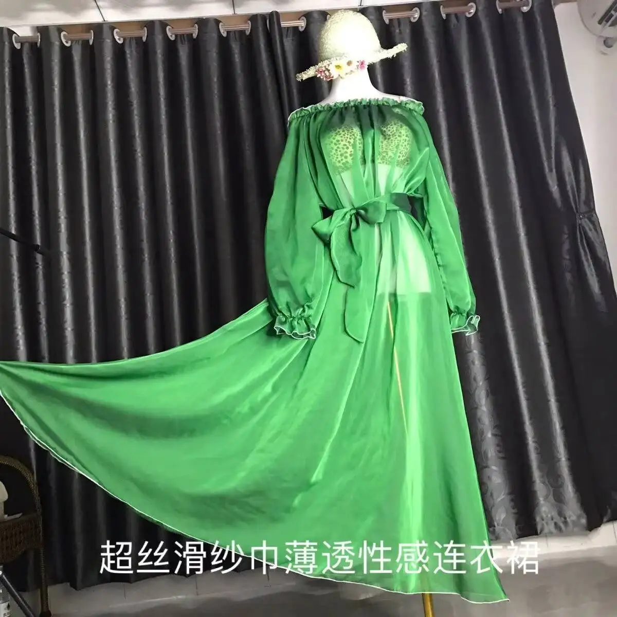 

Glossy Women Ruffles Mesh Tulle Long Sleeve Dress Loose Maxi Dress Plus Size Sleeping Pajamas Robe