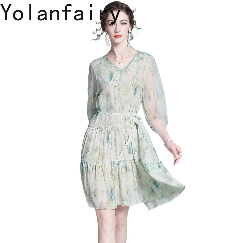 

YOLANFAIRY, платье из 100% натурального шелка тутового шелка для женщин, элегантное французское женское платье с v-образным вырезом, зеленое платье с цветочным принтом на шнуровке, Vestidos