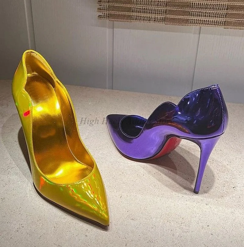 

Популярные цветные туфли-лодочки из металлизированной кожи, женские туфли на шпильке с острым носком, хорошее качество, пикантные вечерние свадебные туфли на высоком каблуке