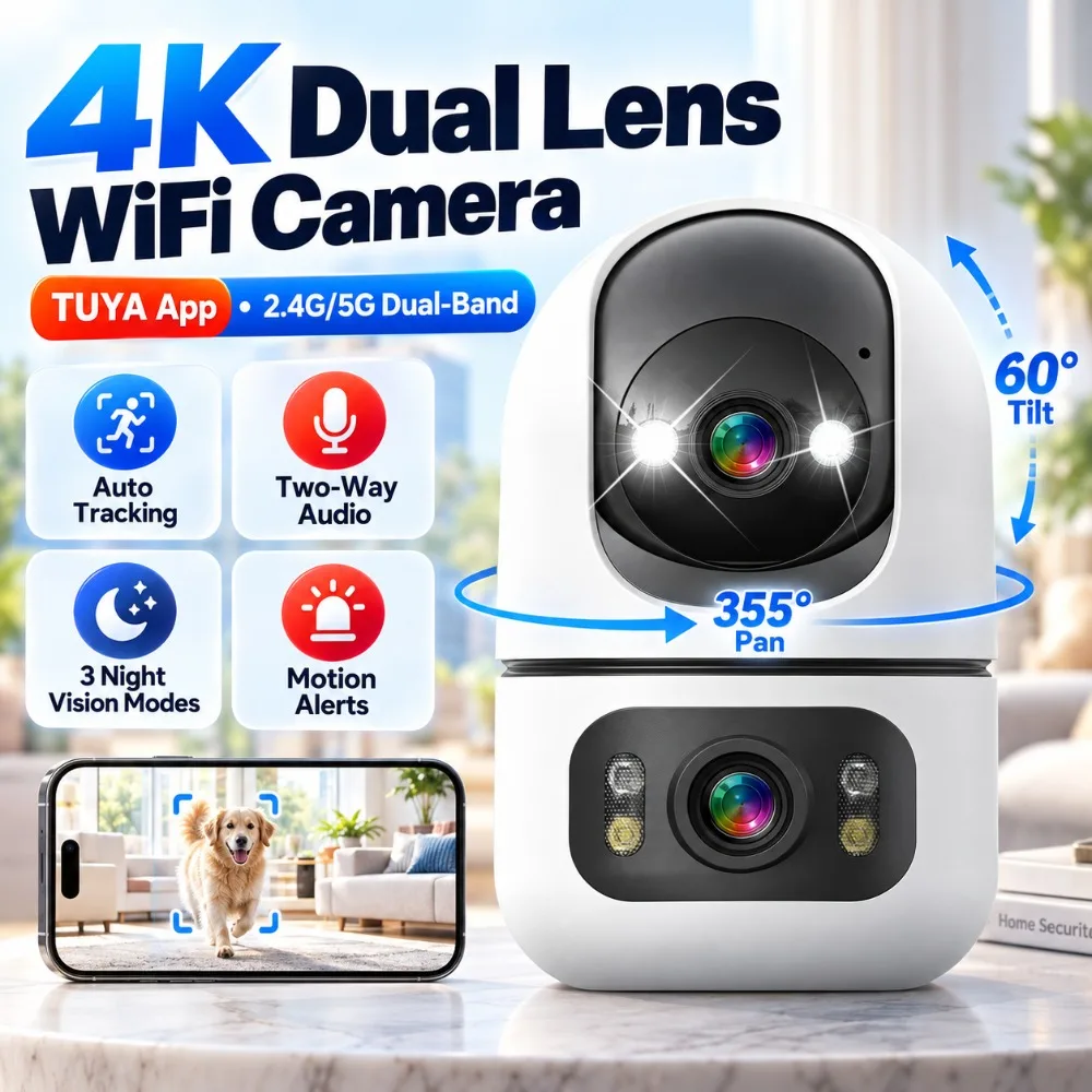 4K 6MP WiFi Security Camera Indoor Tuya Dual Lens Auto Tracking Home Pet Monitor Color Night Vision Surveillance Cameras CCTV