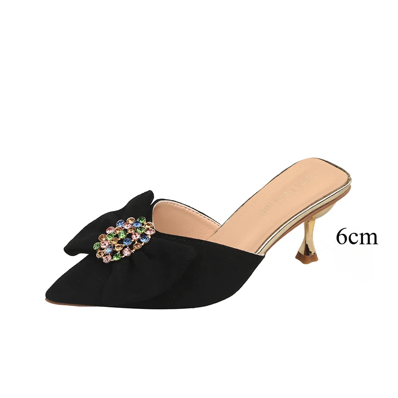 

Women's Sexy Colorful Crystal Diamond Buckle Decor Slippers 2025 Summer Elegant Bow Thin Heel Mules Shoes Pointed Toe Sandals