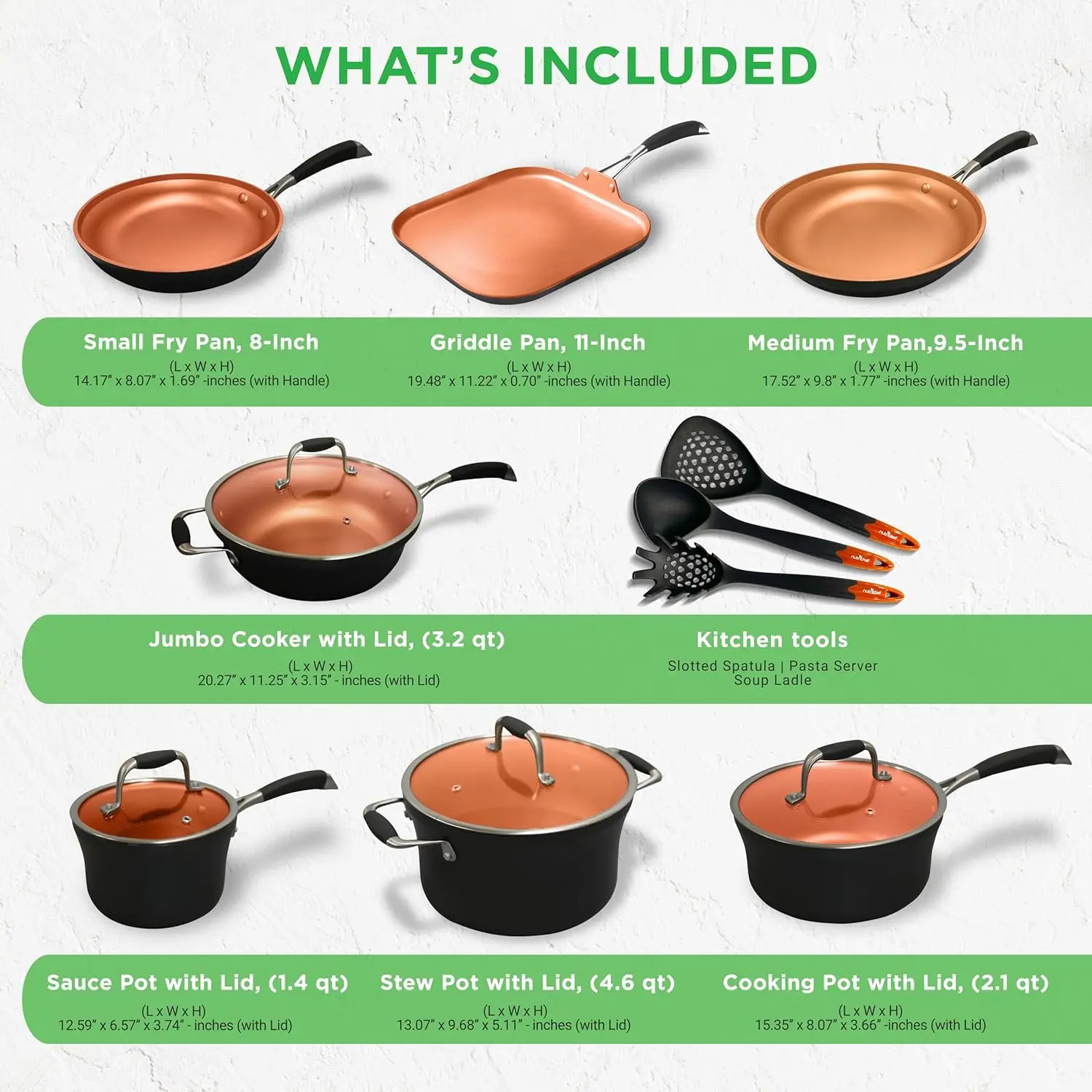 Nutrichef 14-Piece Copper Non-Stick Cookware Set - Stackable Pots And Pans With Lids, 3-Layer Coating, All Cooktop Compatible,