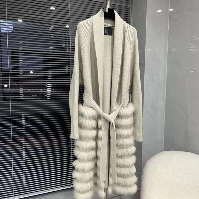 Manteau Long en fourrure de renard véritable pour femmes, tricot surdimensionné, ample, bande de fourrure de renard cousue ensemble, décoration extérieure, printemps, 2022