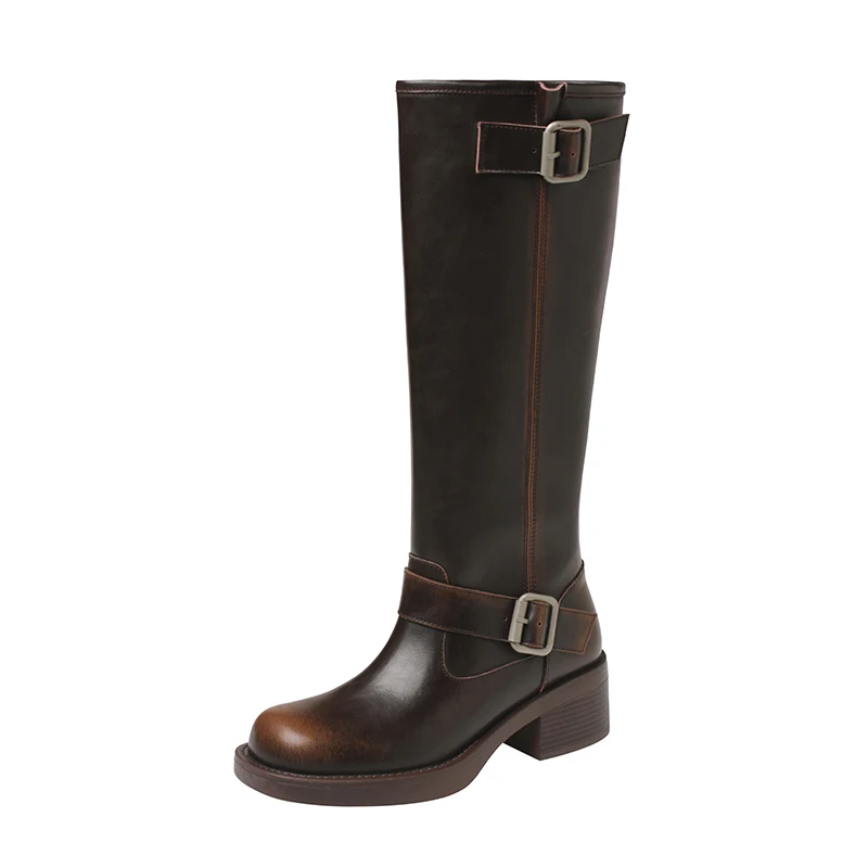 Arden Furtado 2024 Autumn Rubbed Cowhide Square heel Riding boots Round toe Slip-on Middle heel Knee high boots Women's Boots