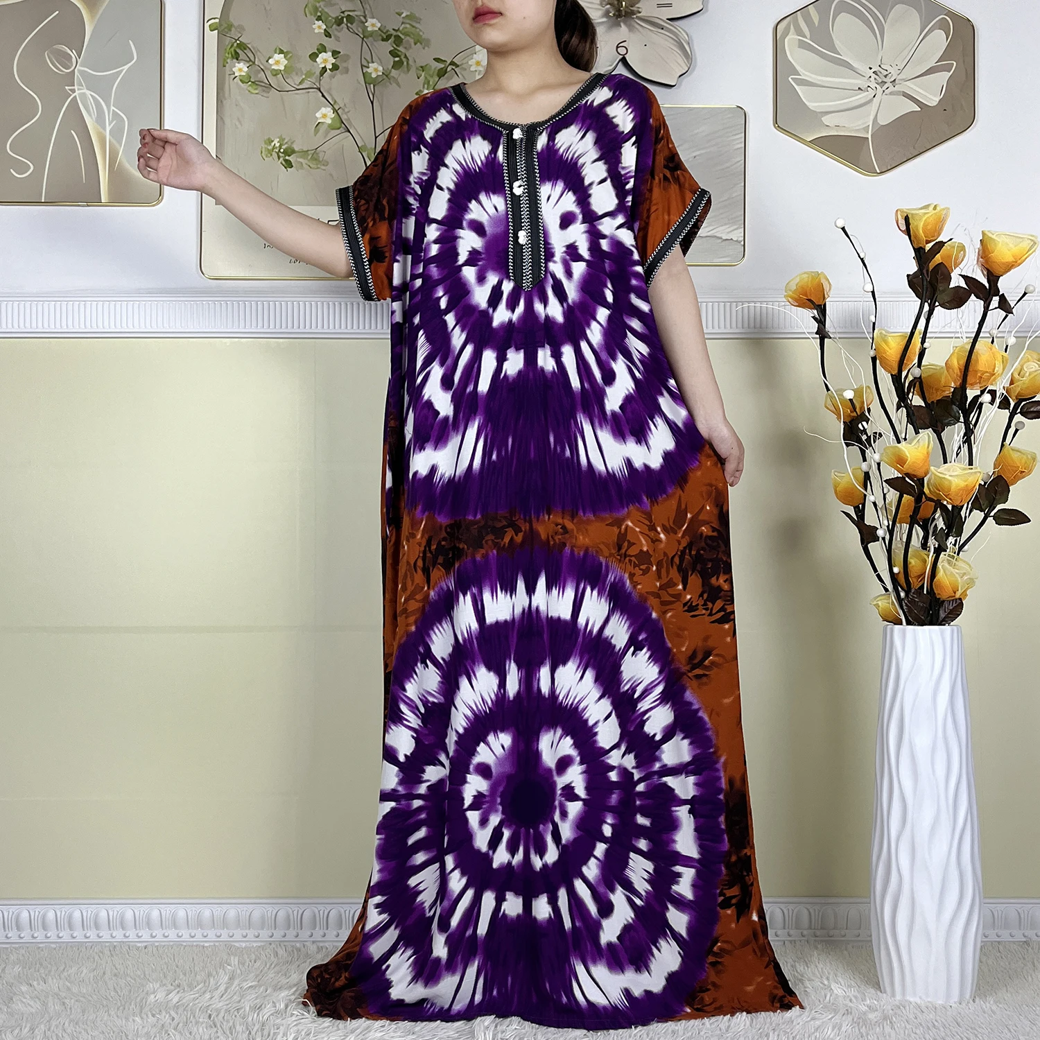 2024 New Dubai Women Dashiki Elegant Dresses Cotton Floral Printed Tie-dyed Short Sleeve Maxi Loose Islam African Abaya Clothing