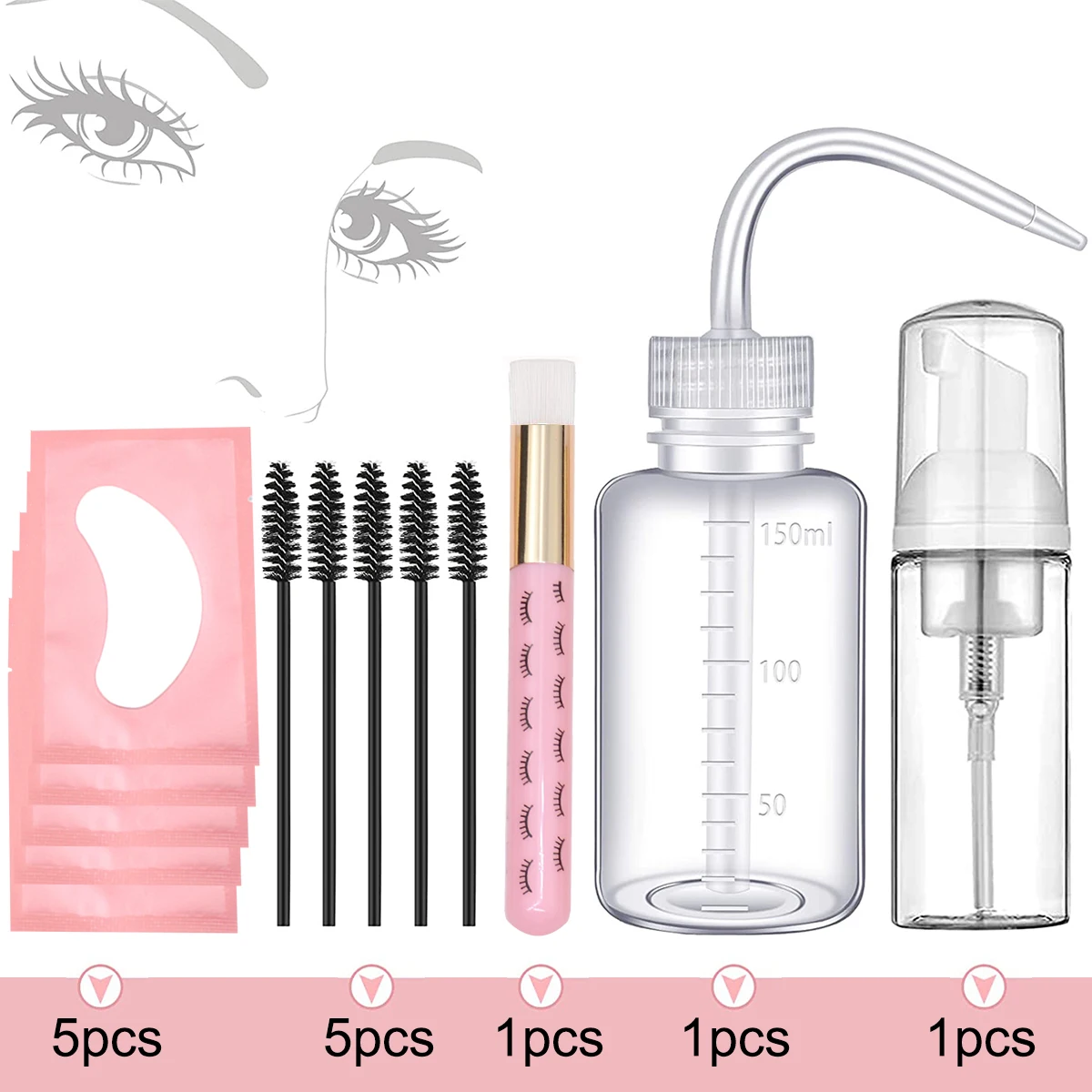 13Pcs Eyelash Extension Cleaning Kit 5 in 1 Lash Shampoo Brush Soap Foam Washing Bottle Set Eyebrow Mascara Wand Eye Pad Patches