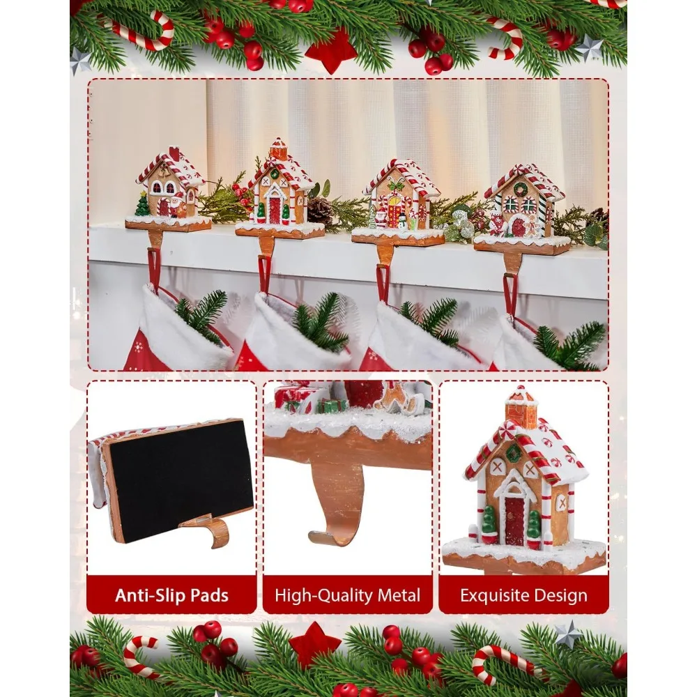 Christmas Stocking Holders for Mantle Set of 4, 3D Resin Stocking Holders Hook for Mantel