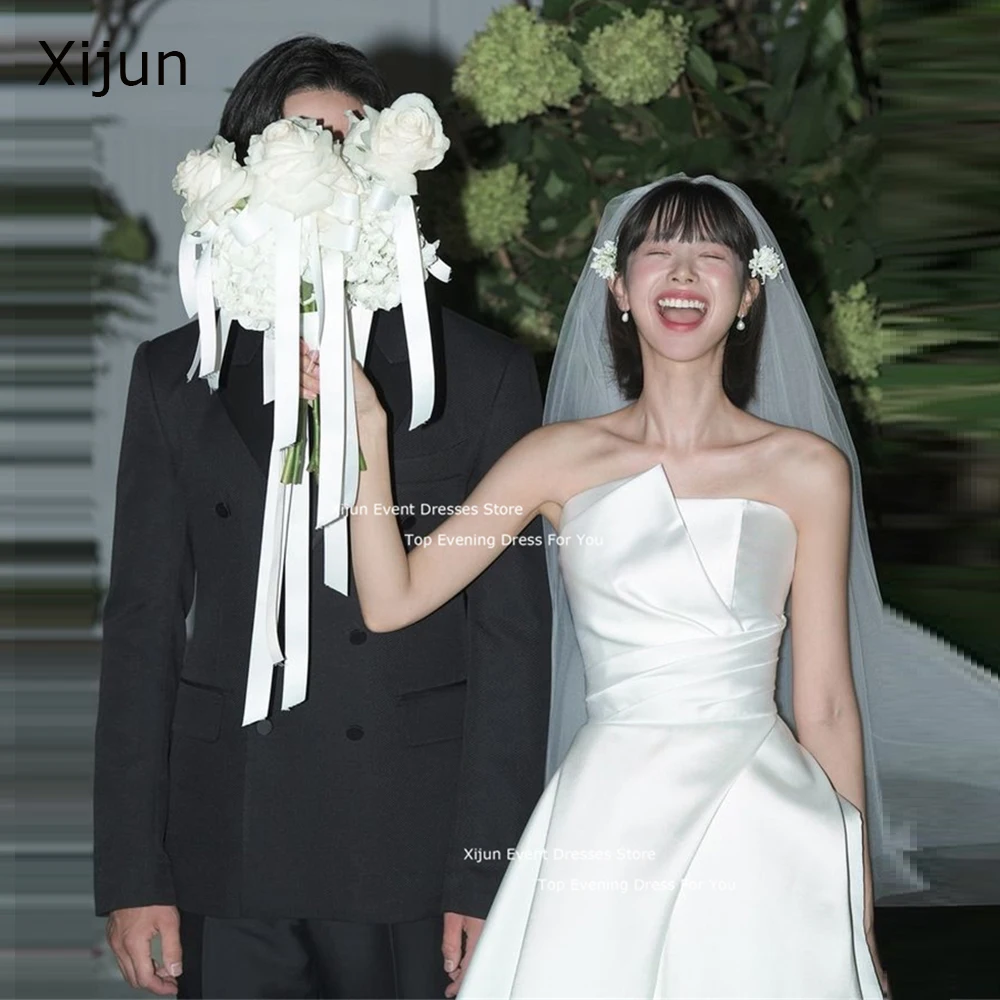 

Xijun Princess Ivory Satin Wedding Dresses A-Line Korean Photo Shoot Long Prom Dresses Sleeveless Wedding Party Dress Customized