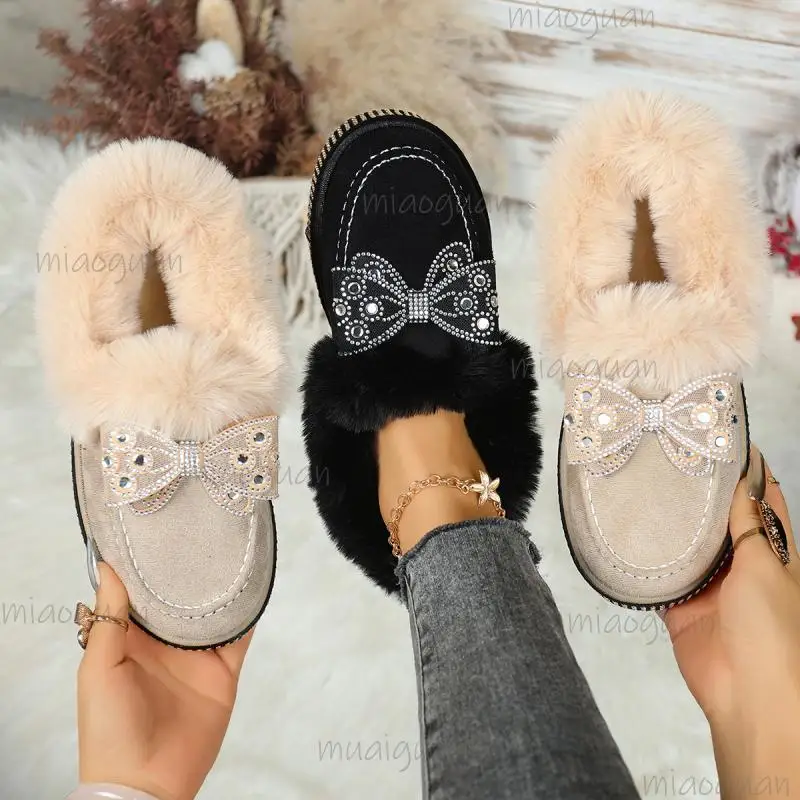 

Fashion Design Bowknot Furry Snow Boots Women 2025 Winter Luxury Glitter Faux Fur Ankle Boots Warm Short Plush Slip On Booties