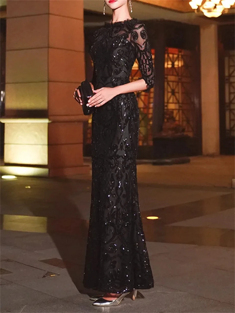 Customized Elegant O-neck Sequins Half Sleeves A-line Lace Evening Dresses For Women Floor Length 2024 Prom Dresses Party Dress