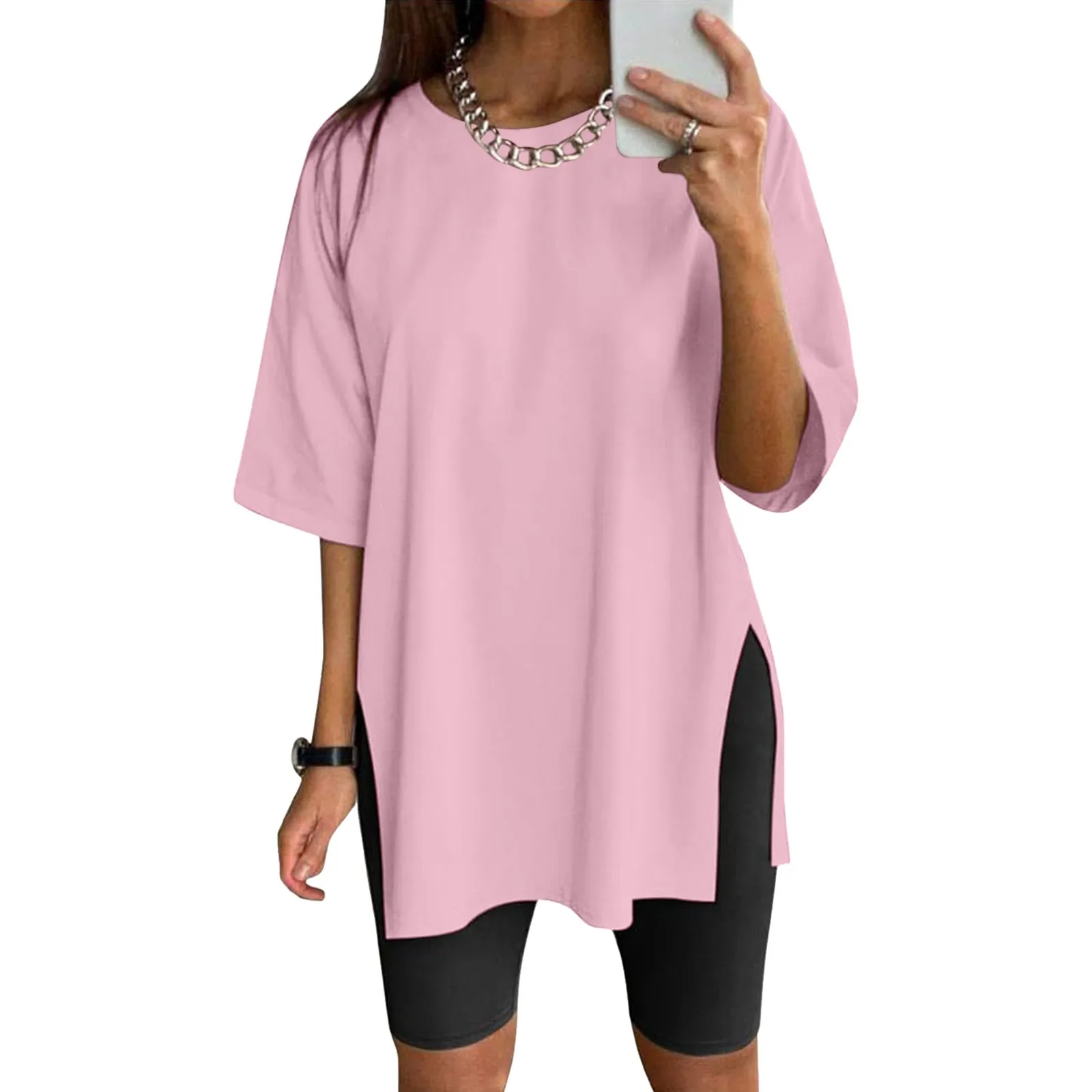 

Extra Long Tops For Women, Large Short -sleeved Sports Blouses, Loose Summer Tops With Round Neck, Straight Slight Sucking With