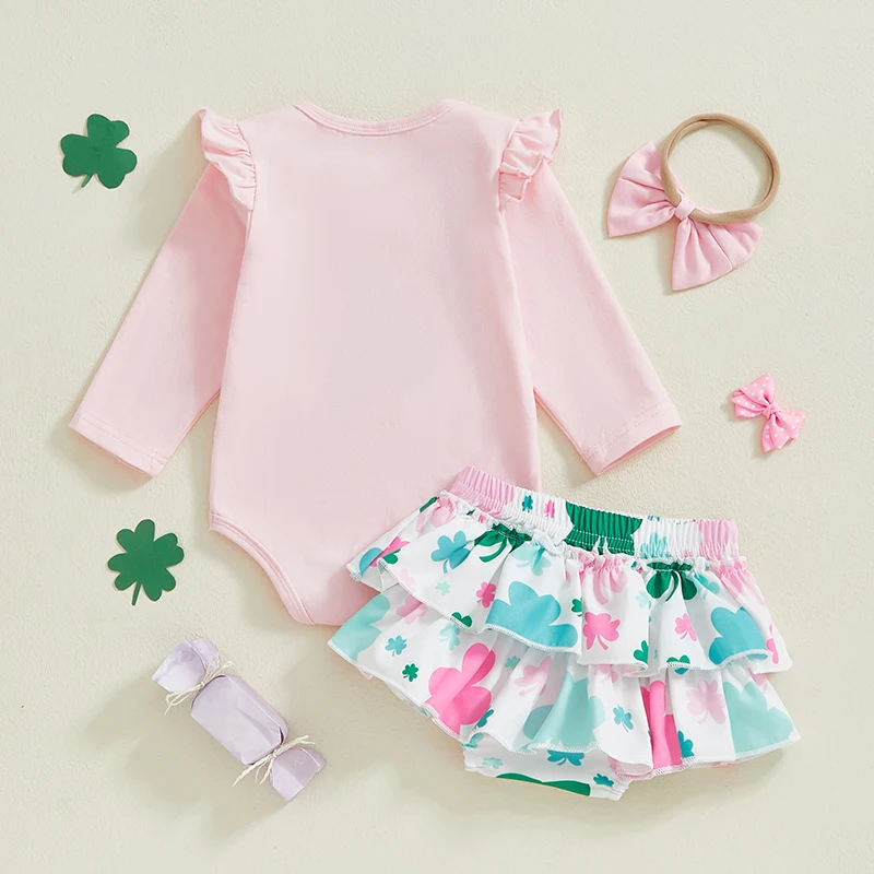 St Patrick s Day Toddler Girl Green Shamrock Print Long Sleeve Romper Ruffle Shorts Headband 3-Piece Outfit Set