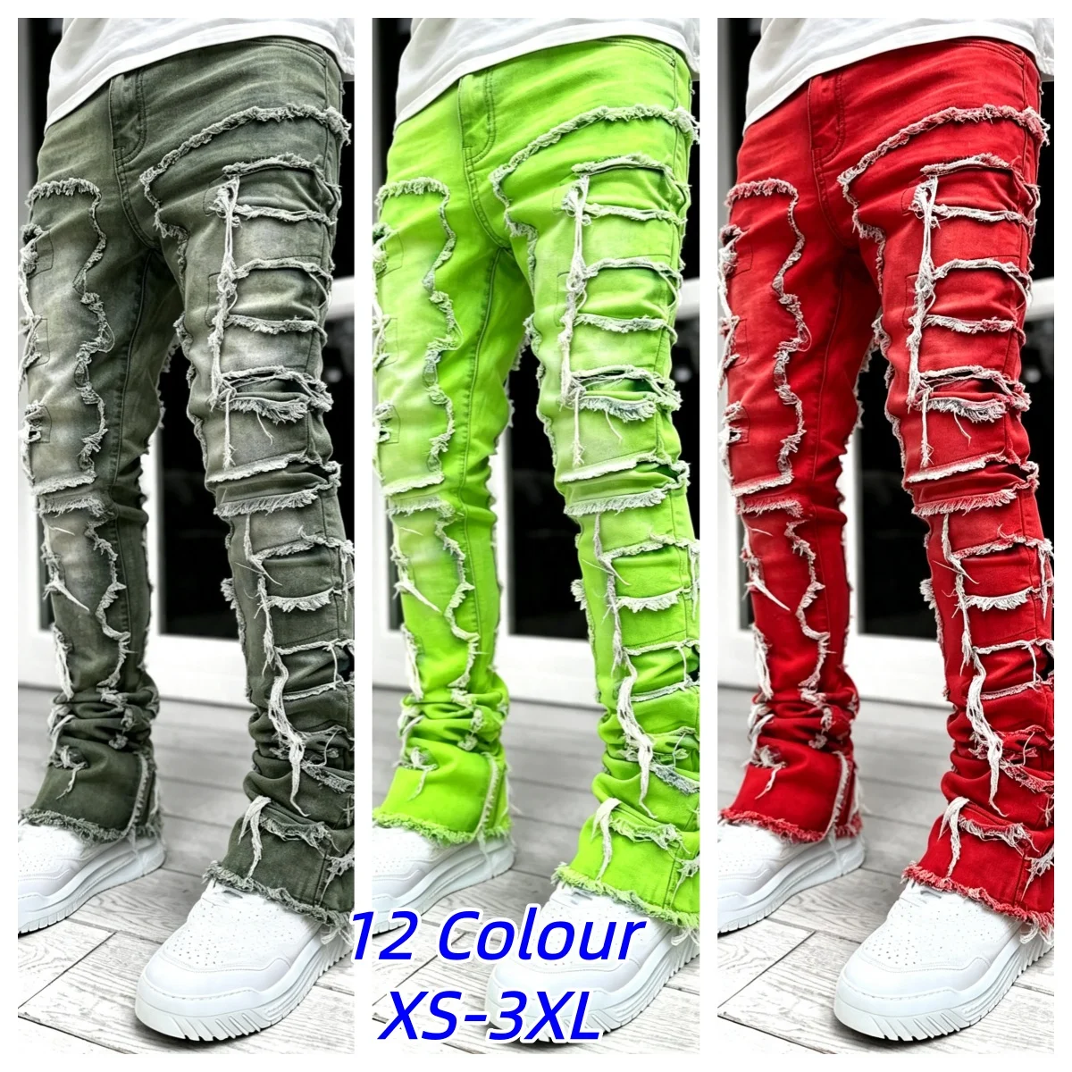 Men's Fit Stacked Jeans Ripped Slim Fit Patch Distressed Destroyed Straight Denim Pants Hip Hop Streetwear Trap Trouser Clothes