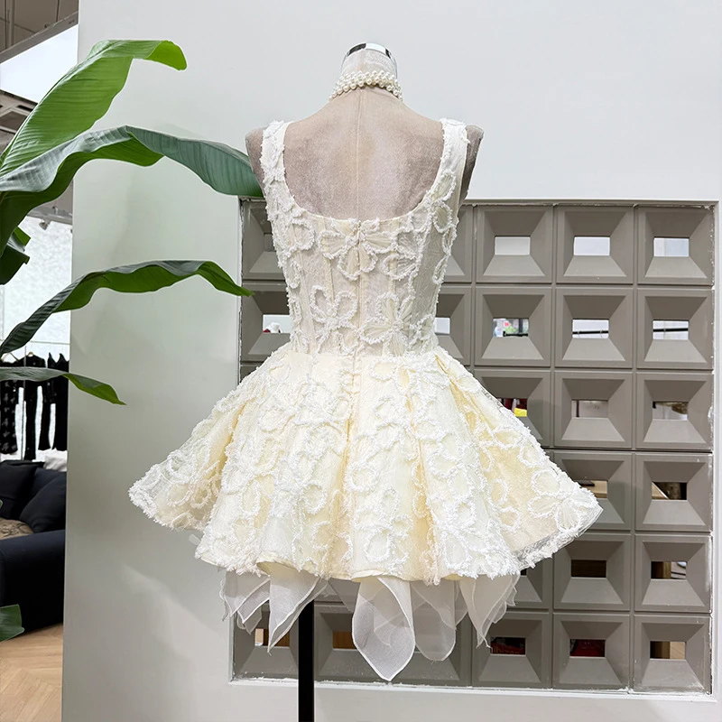 KBQ Abiti da festa con orlo in rete impiombato dolce senza schienale per donna Colletto quadrato senza maniche Patcwork Abito corto elegante floreale femminile