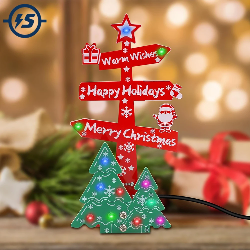LED Merry Christmas Tree Sign Soldering Kit, DIY Electronic Table Decor with Colorful Lights, Fun Xmas Soldering Project & Gift