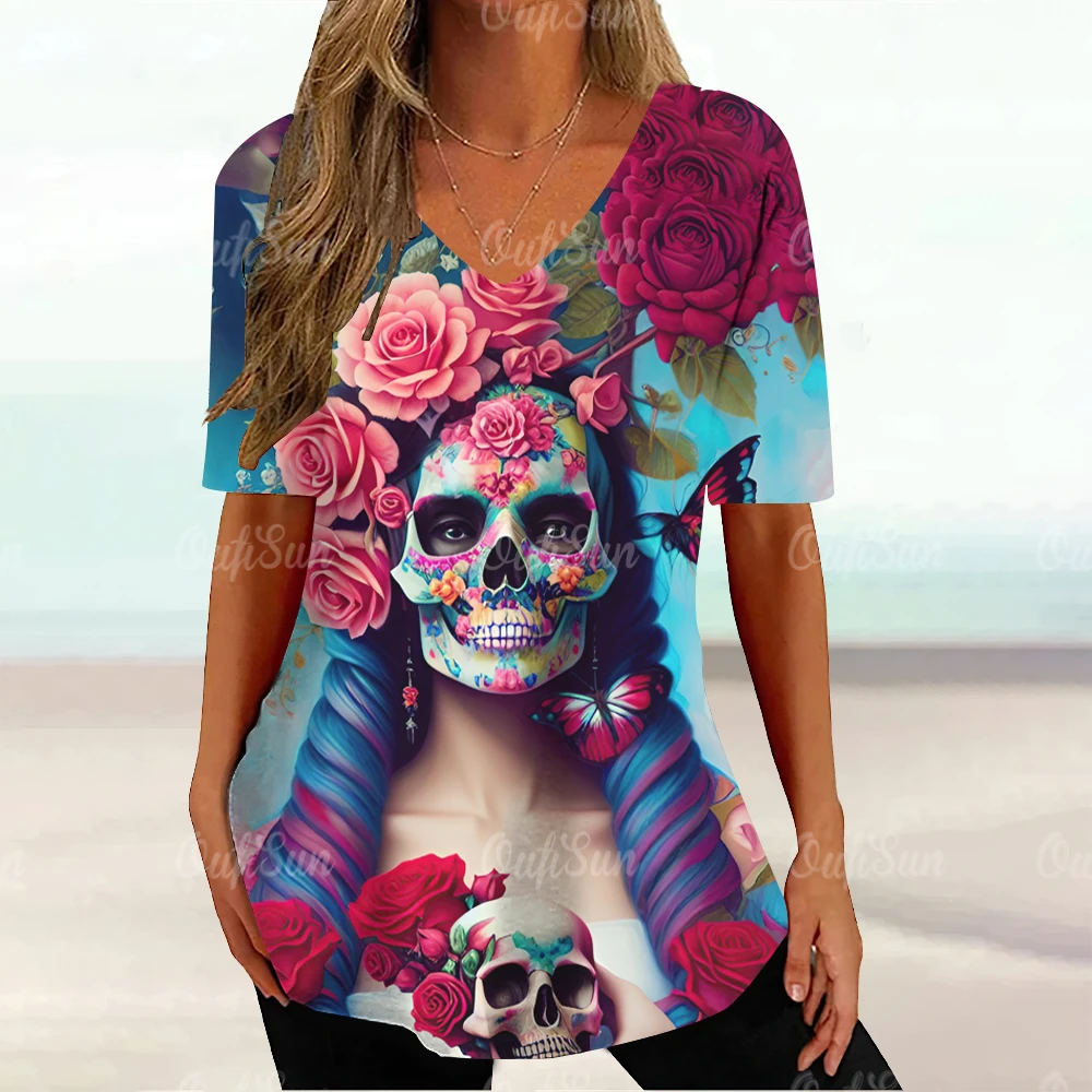 2024 Vintage Skull Face Women\'s T Shirt Tops V Neck Blouses Casual Short Sleeve Pullover Summer Female Harajuku Punk Streetwear