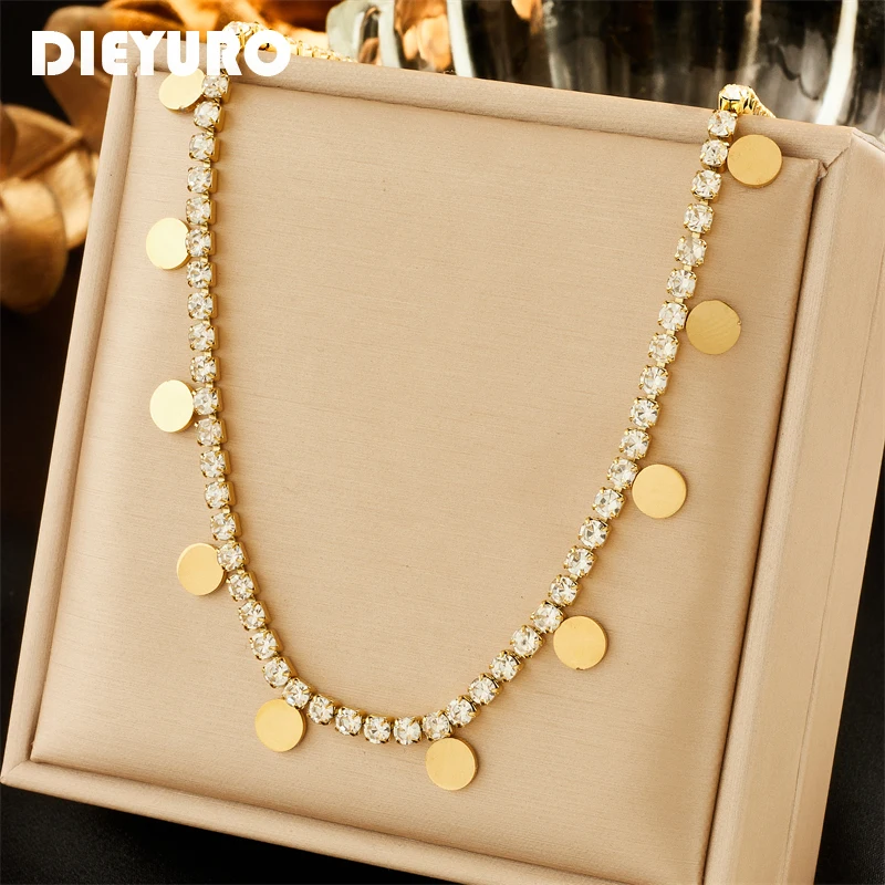 DIEYURO 316L Stainless Steel Round Choker Necklace For Women Girl New Luxury Zircon Chain Non-fading Jewelry Gift Wedding Party