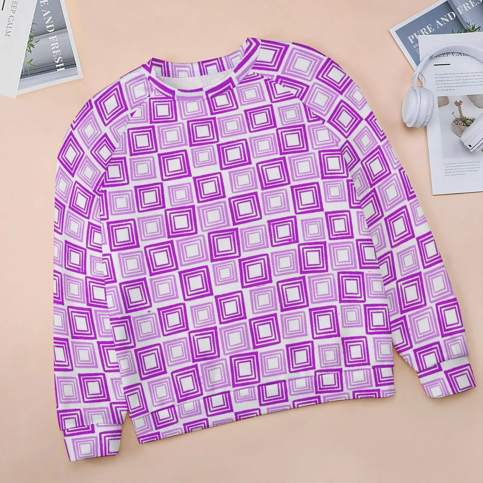 Retro Mod Print Casual Hoodies Pink Square Graphic Hoodie Winter Long-Sleeve Harajuku Oversize Sweatshirts Birthday Gift