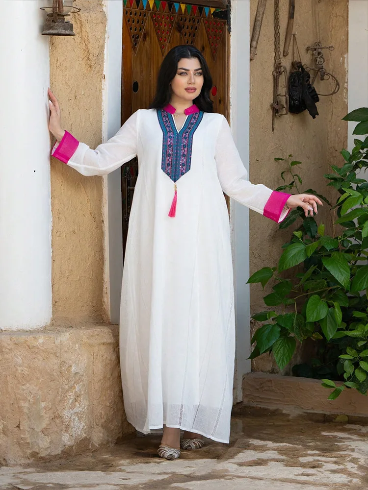 2025 femmes blanc décontracté à la mode ample épissé à manches longues robes élégantes femme Abaya Jalabiya vêtements arabe musulman mode
