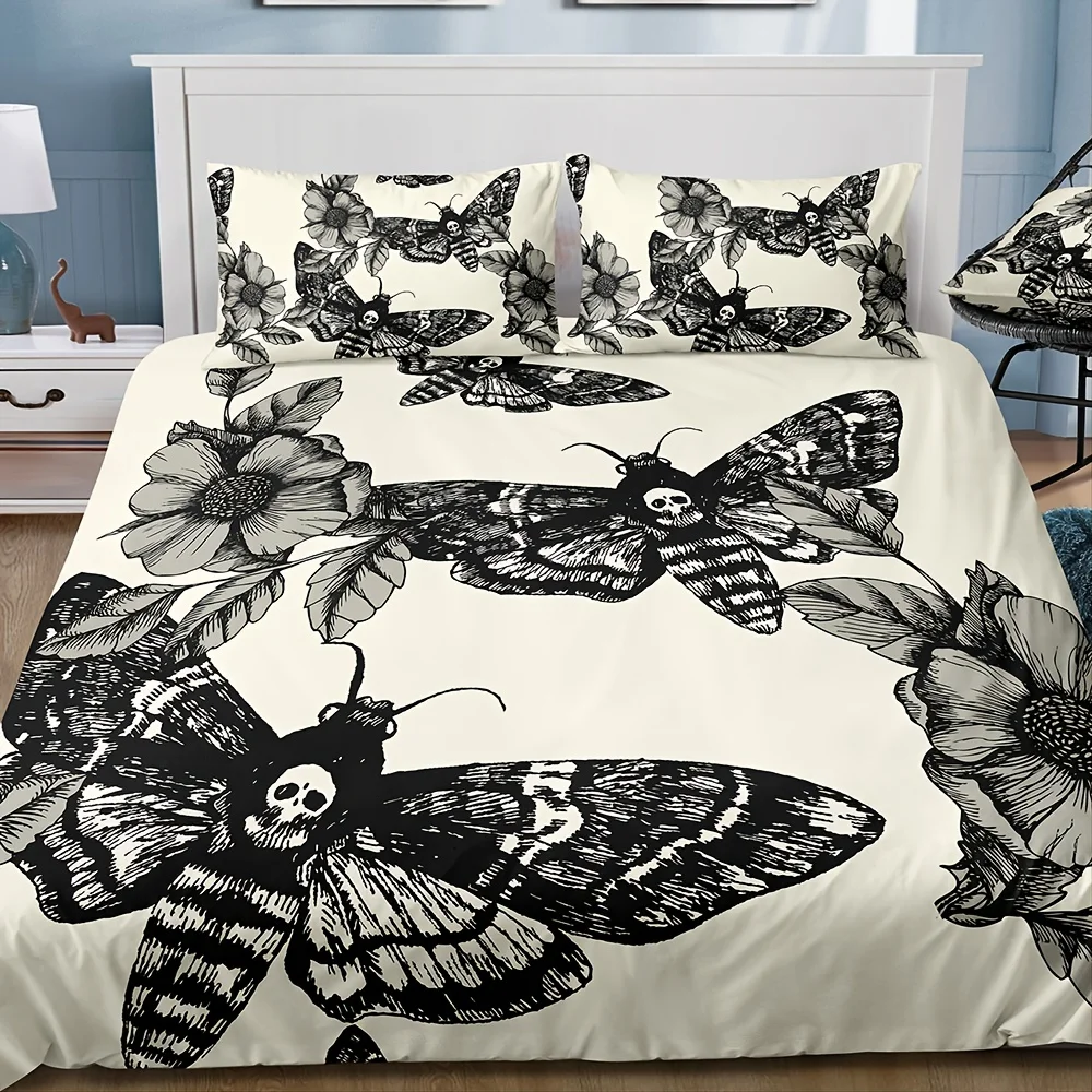 3pcs/set Deaths Head Moth & Flower Luxury Duvet Cover Set - Soft Hypoallergenic Bedding Set 1 Duvet + 2 Pillowcases