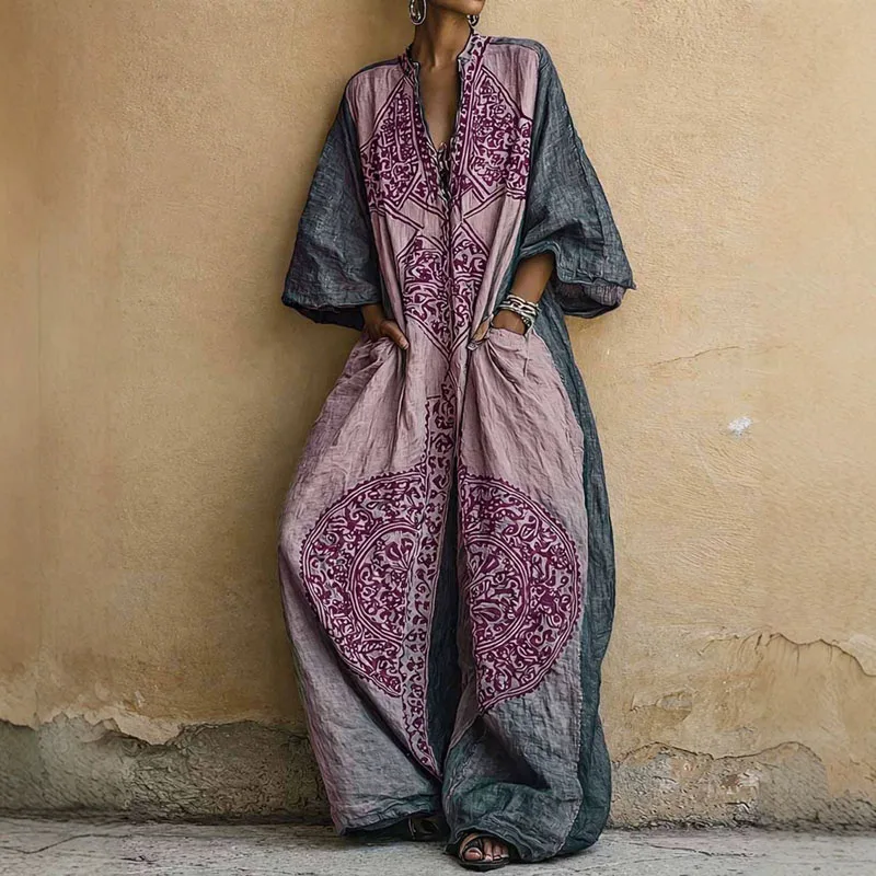 Bohemian Ethnic Pattern Women's Jumpsuit Batwing Sleeve Wide Leg Loose Long Pantsuit 2026 Vintage V Neck Pockets Vacation Romper