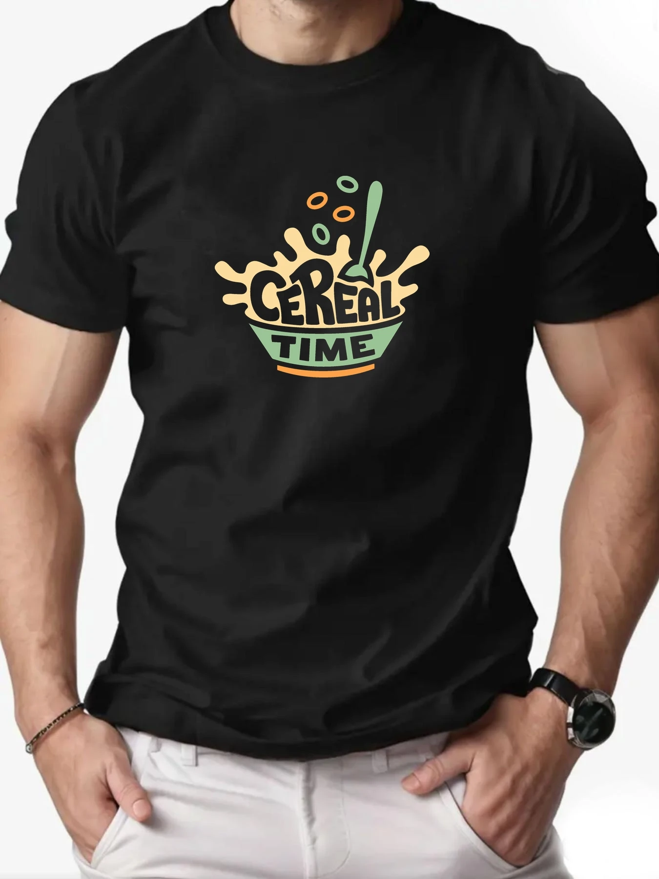 Herren Baumwolle T-Shirt, Müsli Frühstück Sommer Rundhalsausschnitt Kurzarm Grafik Atmungsaktiv Mode Casual T-Shirt