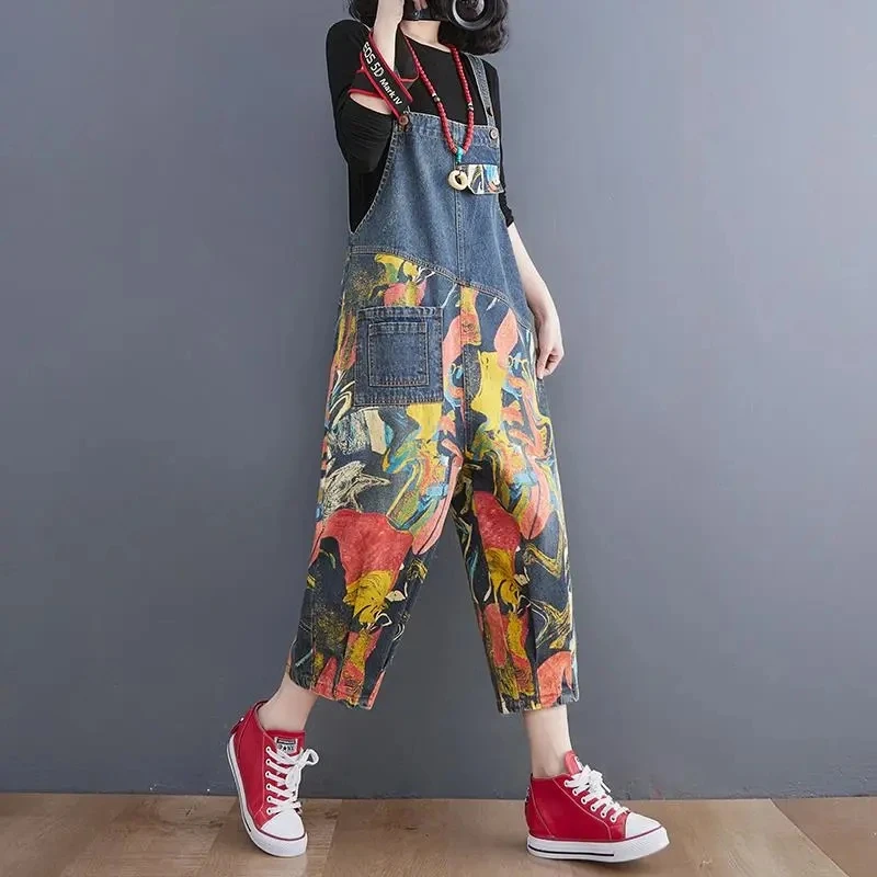 Vintage Patchwork Printing Denim Jumpsuit Women Casual Loose Wide Leg Dungarees Baggy Pants Rompers Spring Summer Jeans Overalls