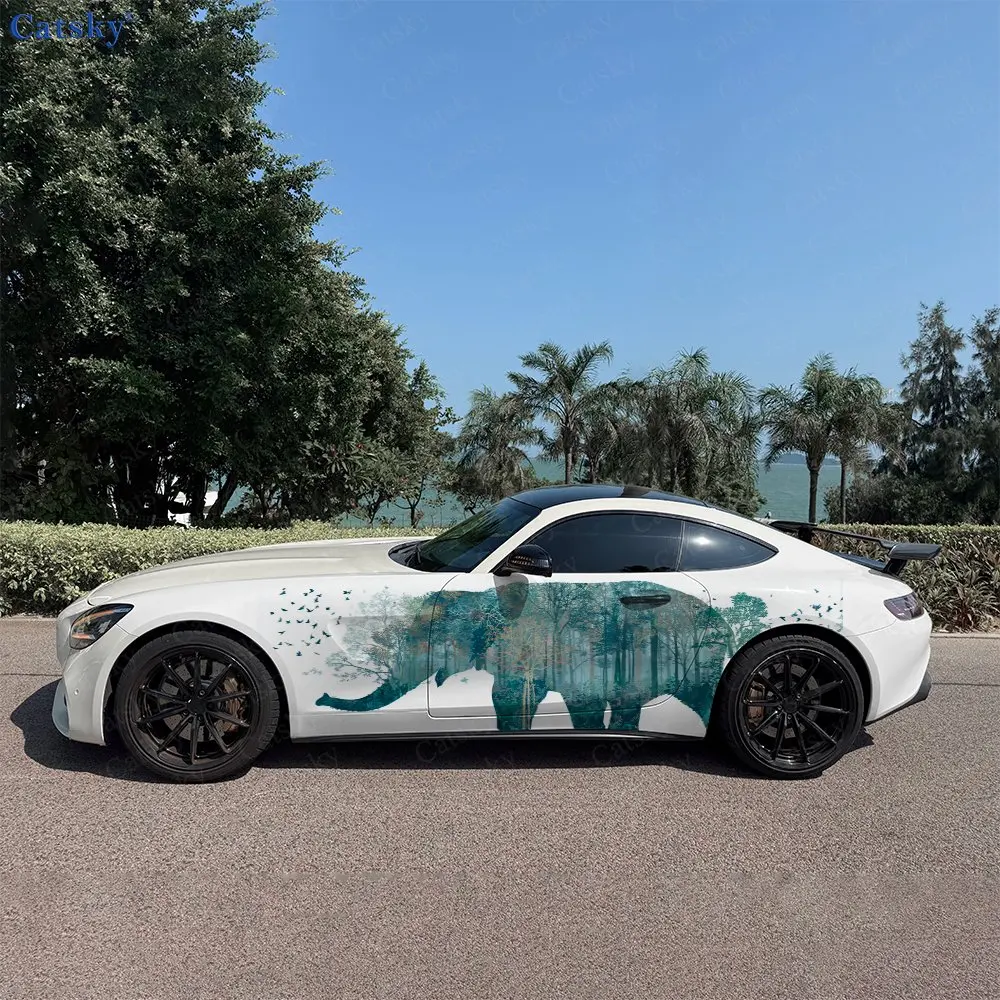 2pcs Elephant Carrying Forest Spring, Durable, Fade-resistant, Enhance Vehicle Aesthetics With Artistic Design Car Vinyl Wraps